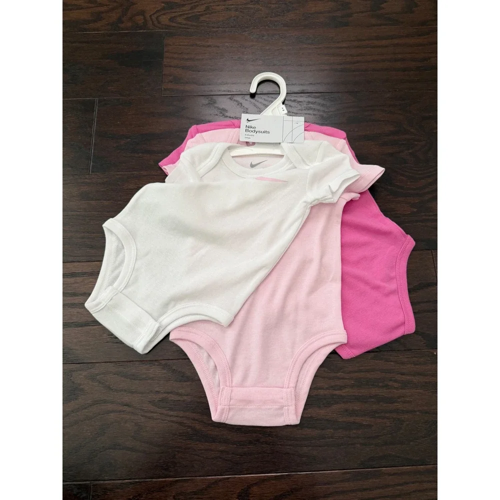 Nike Baby Girls 3 Pack Bodysuits 6 Months Pink White Short Sleeve Romper NWT